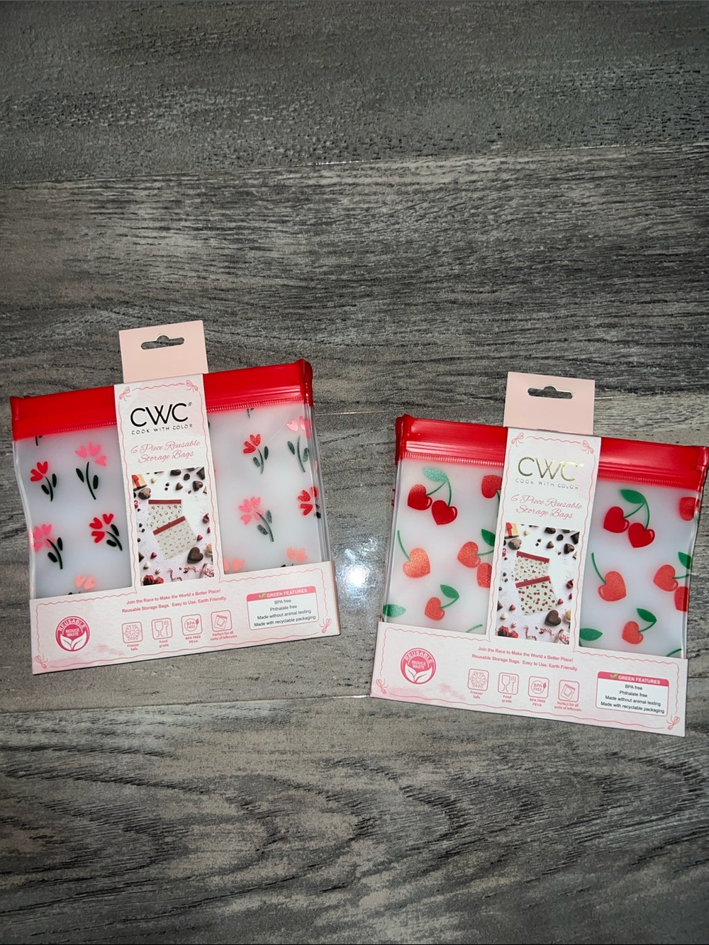 CWC Reusable Silicone Snack Bags - Red Floral & Cherry Set